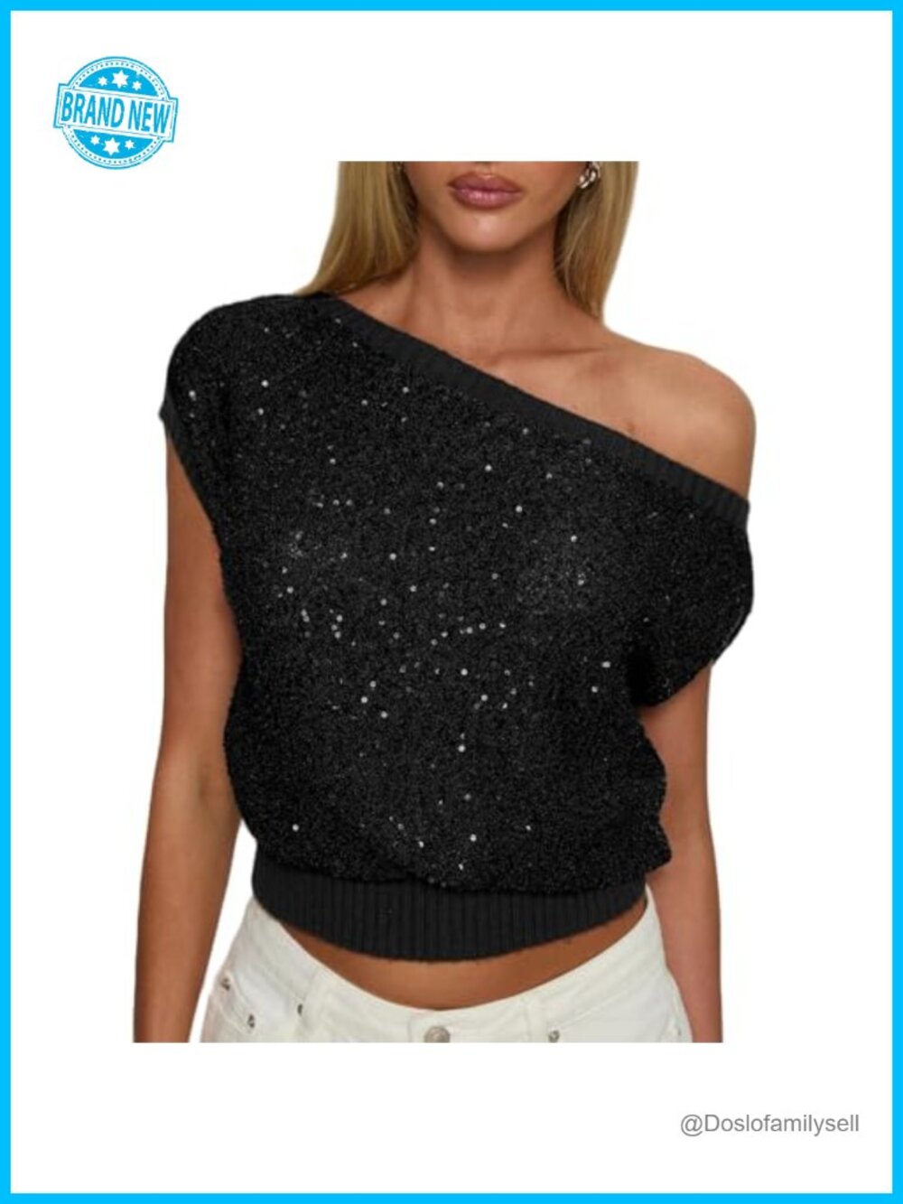 Sequin Sparkly Top One Shoulder Batwing Sleeve Glitter Knit Party Clubwear